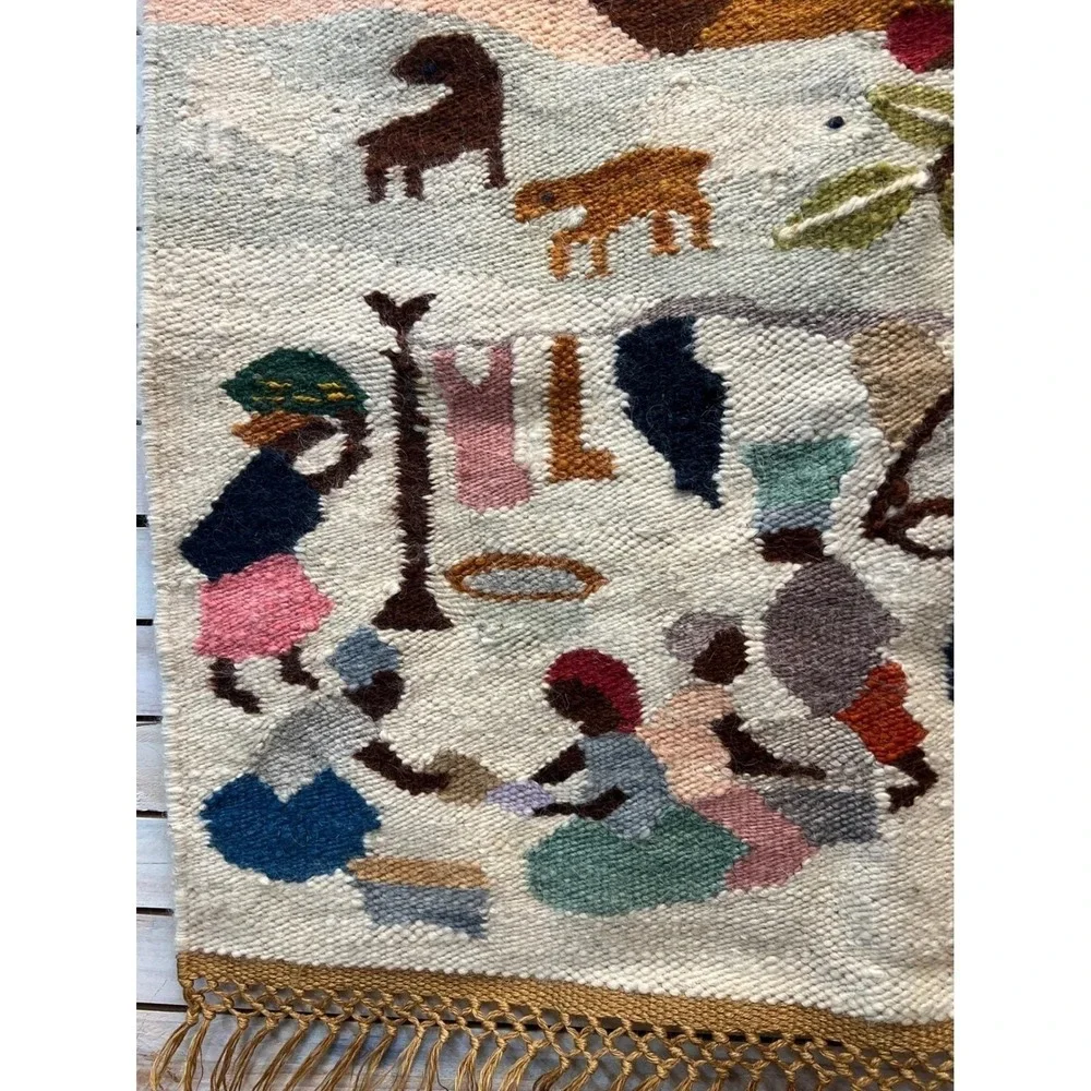 Vintage Afro Weavers Wool Hand Woven Tapestry Village Scene Wall Hanging 95x90